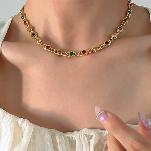 Gold Birthstone Station Necklace for Women - Delicate Simulated Diamond Necklaces Dainty Rainbow Candy Crystal Rhinestone CZ Chian Choker Gifts for Mother3