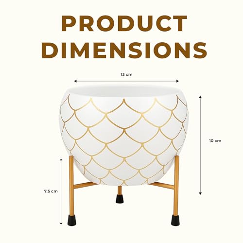 Image of Natural Earth Metal Flower Vase Planter Pot with Iron Stand | Decorative Plant Cachepot for Indoor & Outdoor Use | Succulent Pot for Home & Garden Decor (White Gold Nest)