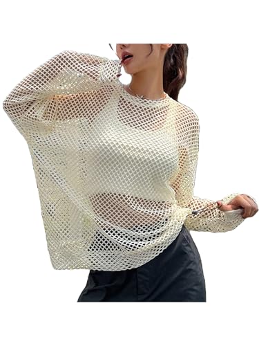 SHENHE Women's Trendy Crochet Mesh Cover Ups Top Summer Long Sleeve Hollow Out Crew Neck Sweater Tops