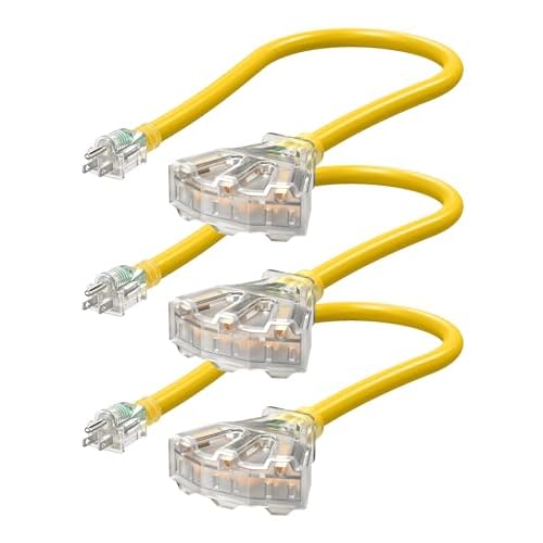 DEWENWILS 2 FT 12/3 Gauge Indoor Tri-Tap Extension Cord Splitter, SJTW 15 Amp Yellow Outer Jacket Contractor Grade Heavy Duty Power Cable with LED Lighted Plug, Pack of 3 for Christmas 2FT 1