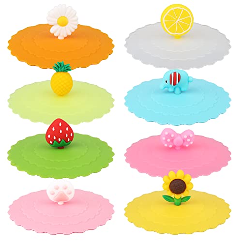 KINBOM 8pcs Silicone Cup Lids, Colorful Anti-Dust Mug Cover - Cute Reusable Lids for Cups, Mugs, Beer Glasses - 8 Styles