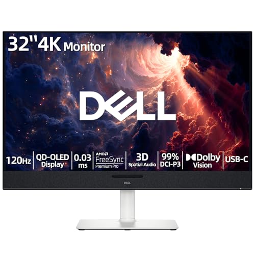 Dell Plus 32" 4K Monitor, QD-OLED Display, 120Hz 0.03ms, AMD FreeSync Pro, AI-Enhanced 3D Spatial Audio, 99% DCI-P3, Dolby Vision, 5x2.5W Speakers, USB-C 90W PD, Compatible with PC & Console