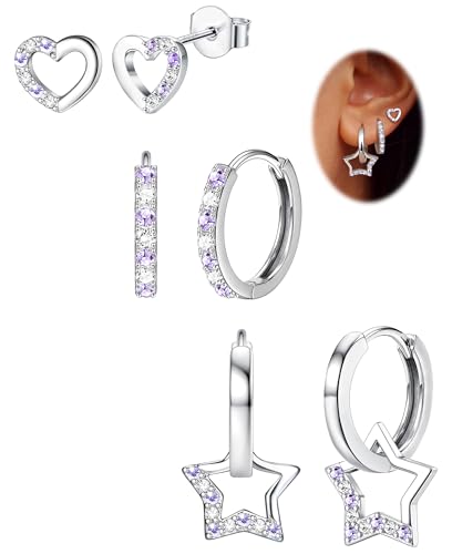 JeweBella Pendientes Mujer Plata 925 Hipoalergénicos - Juego 3 Pares Corazón Zircon y Aro Estrella con Colgante para Niña
