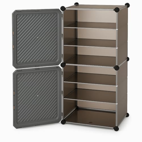 Image of Mevigo Plastic Shoe Rack for Home with Door | 9 Tier Stackable Shoe Organizer | Holds 18-Pairs |Waterproof & Dustproof | DIY Modular Shoe Cabinet |Chappal Slipper Stand for Bedroom- (Grey, 6- Layer)