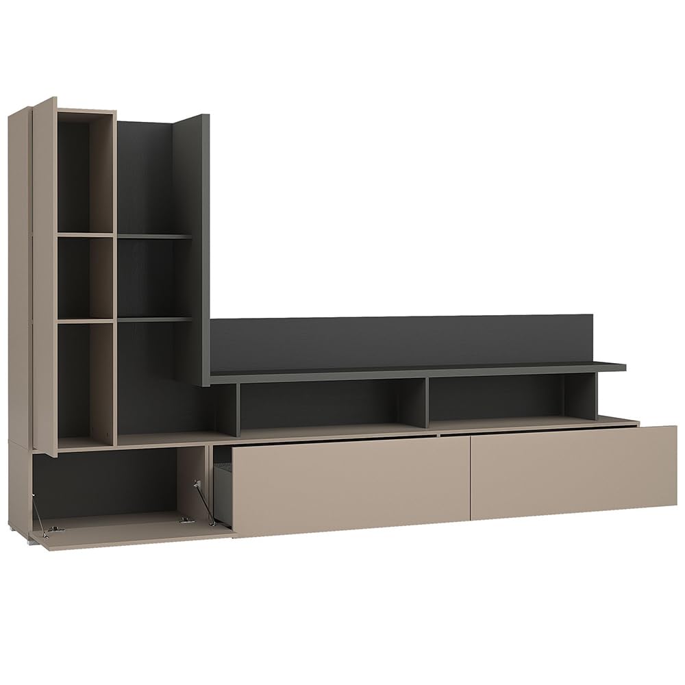Wohnzimmer Set 3-teilig in beige mit anthrazit Wohnwand Couchtisch Vitrine