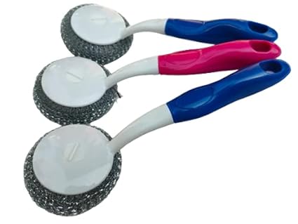 Steel Scrubber with Handle for Dish Washing, Sink Cleaning, Kitchen Cleaning / Pack of 3 /Multicolor, Size -24 cm