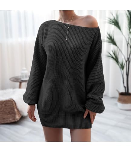 فستان سويتر منسوج مضلع مكتنز مكشوف الكتفين للنساء، فستان بلوفر قصير كاجوال كبير الحجم للخريف والشتاء، فستان دافئ ومريح بقصة فضفاضة واكمام طويلة، عصري ومريح