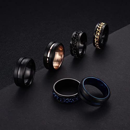 Jerywe 6 Pcs Stainless Steel Spinner Rings For Men Twisted Chain Ring Spinner Ring Beer Bottle Opener Rings Chain Link Shaped Band Rotatable Black/Blue Vintage Mens Ring #TOP4