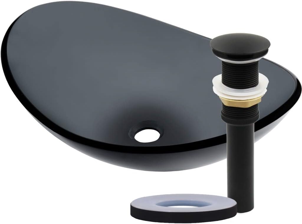 Miseno MNO-G423 Oval 21-1/2" Tempered Glass Vessel Bathroom Sink - Flat Black Drain