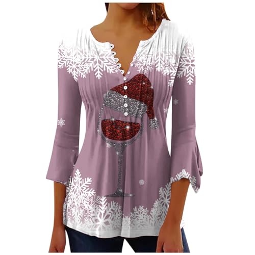 RLEHJN Womens Christmas Tops V Neck Xmas Shirts Novelty Wine Glasses Printed 3/4 Sleeve Pleated Tshirt Funny Oversized T Shirts Buttons Sweatshirt Ladies Blouse Tunic Tops for Work Officce Size 8-18