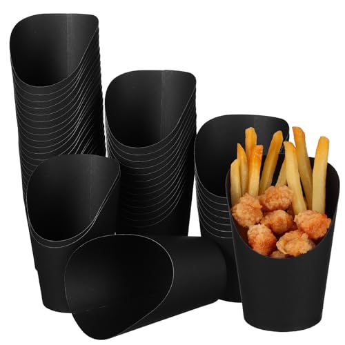 WHAMVOX 100 Pezzi Porta Patatine Fritte in Carta Nera da 14oz Apertura Inclinata, Coppe Usa e Getta per Snack e Salumi, per Feste, Barbecue e Eventi All’Aperto