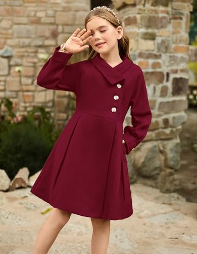 Image of GRACE KARIN Girls Dress Coat Kids Wool Lapel Long Button Jackets Fall Winter Outerwear Peacoat with Pockets 5-12Y
