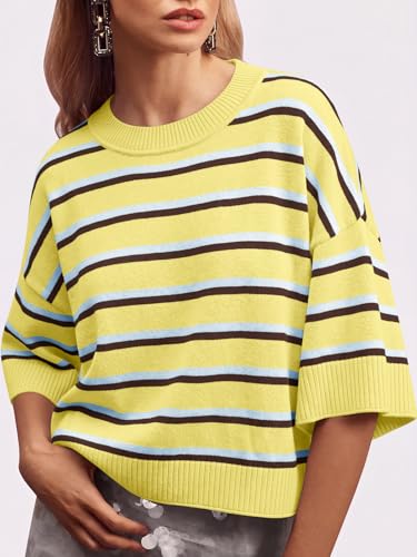 Image of Saodimallsu Womens Short Sleeve Sweater Oversized Cropped Sweaters Knit Top