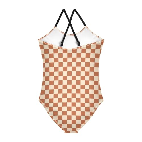 Image of Black and White Chess Girls One Piece Swimsuits Board Marble Tile Sport Halter Swimwear Beach Bathing Suit 3T
