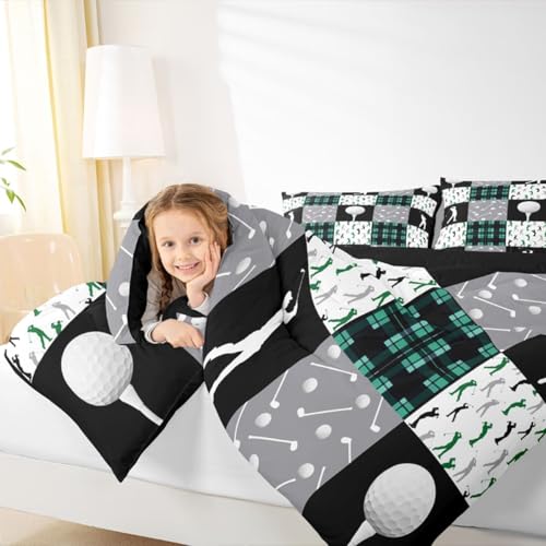 Image of Feelyou Golf Comforter Set Full Size Black Green Plaid Buffalo Check Geometric Bedding Set for Kids Boys Girls Sports Theme Duvet Quilt Bedroom Decor Microfiber 3 Pcs with 2 Pillow Cases