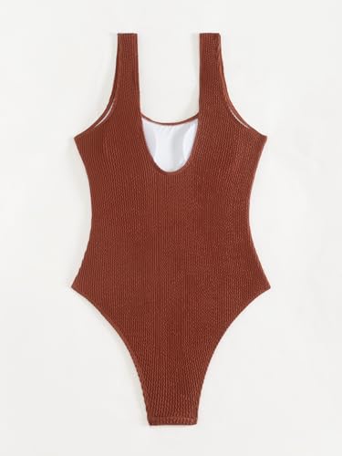 Image of Limeeke Women One Piece Swimsuit Solid Ribbed Monokini Swimwear Scoop Neck Low Back Bathing Suit
