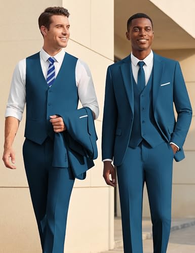 Image of WULFUL Men's Slim Fit Suit One Button 3-Piece Blazer Dress Business Wedding Party Jacket Vest & Pant