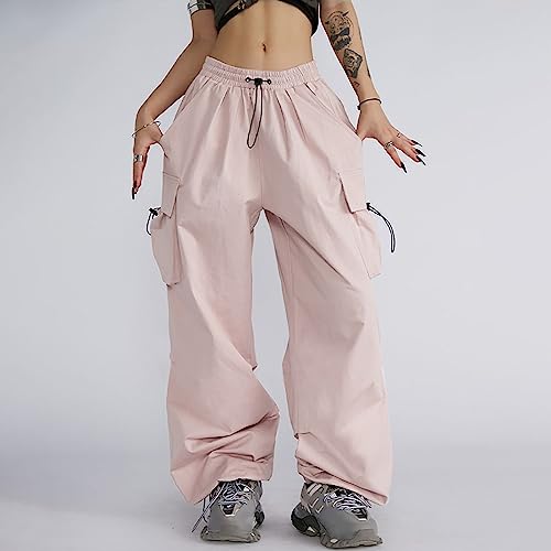 Women's Fashion Cargo Pants Parachute Pants with 4 Pockets High Rise Elastic Streetwear Baggy Casual Summer (Pink, XL)2