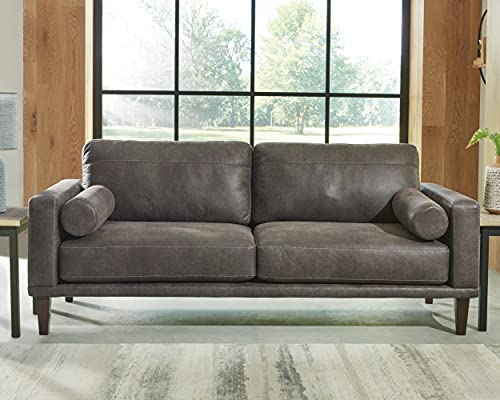 Signature Design By Ashley Arroyo Mid Century Modern Faux Leather Sofa, Dark Gray #TOP1