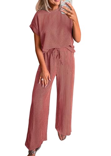 KIRUNDO 2 Piece Sets for Women Dressy Casual Ribbed Knit Short Sleeve Tops Wide Leg Pants Lounge Set Travel Airport Outfits(Rust Red, Large)