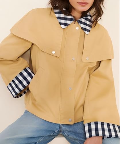 Women’s Gingham Trim Cape Jacket Lightweight Cotton Cropped Trench Coat with Snap Button and Contrast Cuffs2