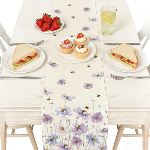 Purple Wildflowers and Bees Spring Table Runner,13x72 Inch Seasonal Kitchen Dining Table Decoration for Home Party Decor,Floral Easter Decor,Rustic Wildflower Table Runner for Holiday,Wedding - Image 3