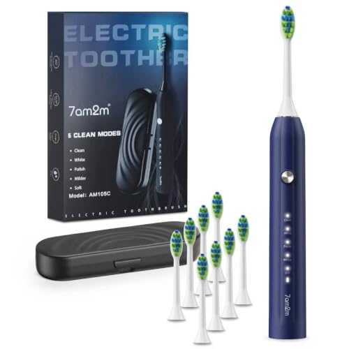 Image of 7AM2M Sonic Electric Toothbrush for Adults and Kids, with 8 Brush Heads and Travel Case,5 Modes with 2 Minutes Built in Smart Timer, One Charge Use for 90 Days, Rechargeable Toothbrushes(Navy Blue)