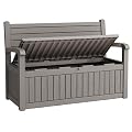 WTFGO 80 Gallon Lockable Deck Bench with Storage, Resin Stripes Outdoor Storage Box, Waterproof Outdoor Porch Bench for Cushions Garden Tools, and Pool Supplies, Grey