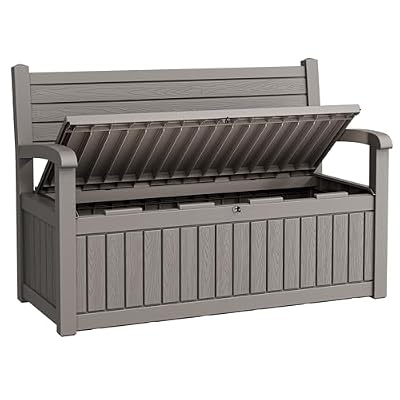 WTFGO 80 Gallon Lockable Deck Bench with Storage, Resin Stripes Outdoor Storage Box, Waterproof Outdoor Porch Bench for Cushions Garden Tools, and Pool Supplies, Grey