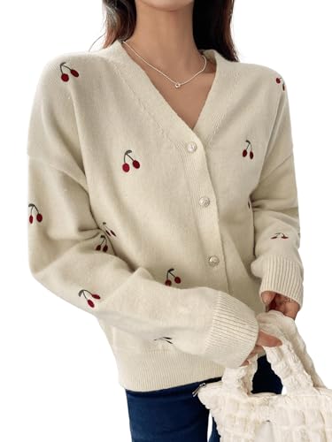 GORGLITTER Women's Cherry Embroidered Cardigan Sweaters Cute Open Front Button Up Cardigan Vintage Long Sleeve Knit Tops Apricot Medium