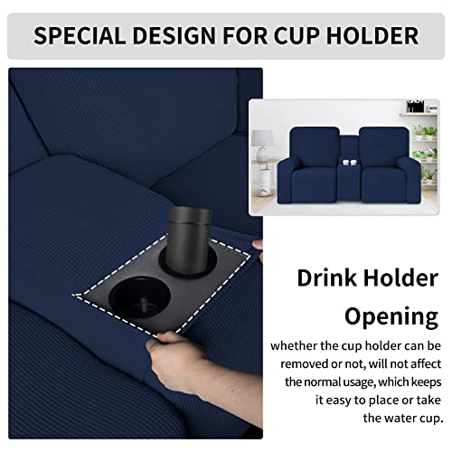 Image of Easy-Going 1 Piece Reclining Loveseat with Middle Console Slipcover | Stretch 2 Seater Loveseat Recliner Cover with Holder and Storage, Recliner Couch Sofa Cover, Furniture Protector Navy