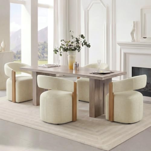 Image of KISLOT Upholstered Dining Chairs Set of 4, Modern Wooden Arm Kitchen & Dining Room Chairs with Hidden Casters, Fabric Padded Rolling Chairs, Sturdy Wood Frame, 300 lbs Capacity, Sand