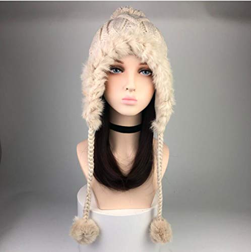 KXW Full Hat Cap Perücken für Frauen, Winter Warm Slouchy Beanie Strickmützen mit synthetischen Langen gewellten dunkelbraunen Haarperücken (White Beige Hut dunkelbraune Perücke) Cover