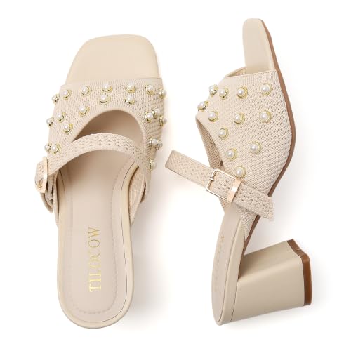 Image of Tilocow Knit Heeled Sandals for Women Square Open Toe Heeled Mules Chunky Block Low Heel Slip On Slides