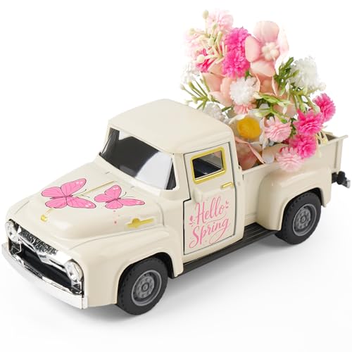 CRAFLOX Spring Butterfly Truck Decor, Pink Spring Floral Truck Decorations for Home Indoor, Mini Wildflowers Truck Tiered Tray Decor, Rustic Farmhouse Kitchen Tabletop Decorations for Office