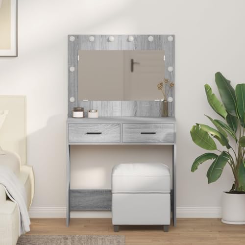 Brokky 865033 Dressing Table with LED Lights Grey Sonoma 78,5x41x135 cm Wooden Standing Side Cabinet Unit for Living Room Kitchen Hallway