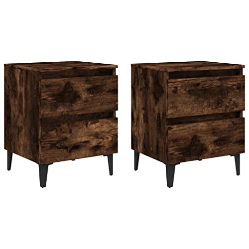 Kaloriko Tables de Chevet en Bois chêne fumé Pieds métal, 40x35x50 cm, lot 2 pièces, avec tiroirs, Meuble de Rangement pour Chambre Adulte, Design Moderne...
