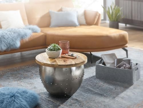 FineBuy Couchtisch Mango Massivholz/Metall 60x43x60 cm Industrial Style Rund, Design Wohnzimmertisch mit Stauraum, Moderner Loungetisch Sofatisch Silber – Bild 5