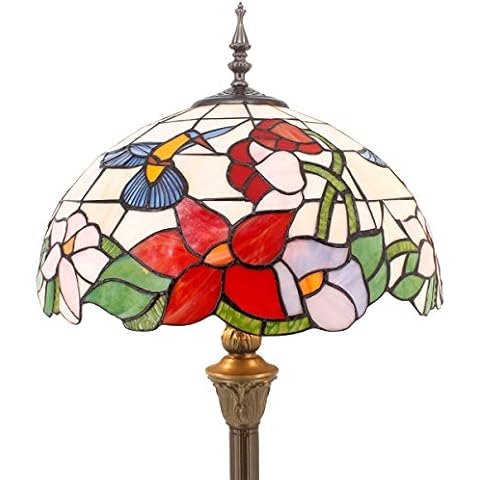 Tiffany Style Floor Standing Lamp W16H64 Inch Tall Stained Glass Hummingbird Design Lampshade 2E27 Antique Reading Lighting Resin Base S101 WERFACTORY LAMPS Bedroom Living Room Beside Table Lover Gift Cover