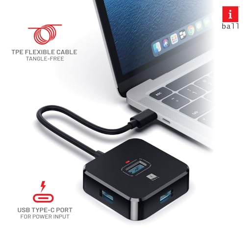 Image of iBall Piano 530 USB 2.0 HUB, 4-Port, 2-in-1 USB-A /Type-C Interface, TPE 1M Flexible Cable, Type-C Input Port for External Power, Stylish Piano Finish
