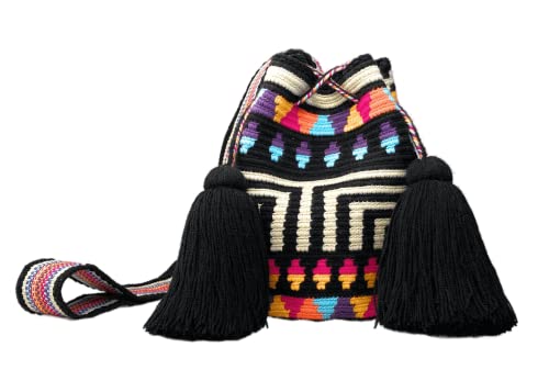 Pequena – Mochila Wayuu Colorida para Mulheres, Bolsas Boho Colombianas, Feita à Mão com Borlas Grandes e Bonitas (Design 36 - Pequeno Mini)