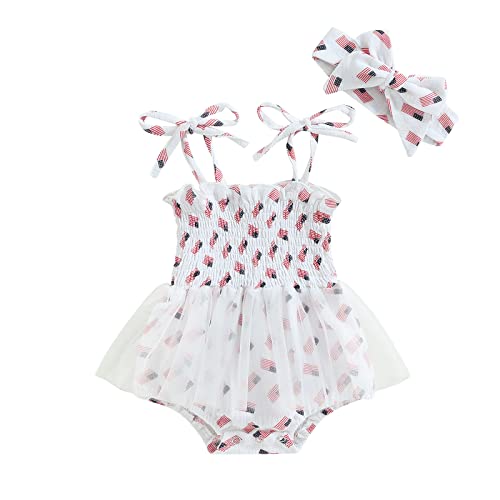 FYBITBO My First 4th of July Baby Girl Outfit Newborn American Flag Romper Dress Sleeveless Tulle Bodysuit Summer Clothes Set (White, 12-18 Months)