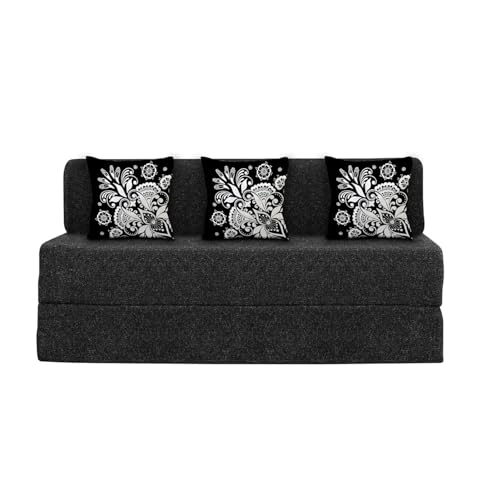 Image of Rosebell Three Seater Sofa Cum Bed | Jute Fabric Washable Cover | with 3 Printed Cushions Perfect for Guest | Black | 5' X 6' Feet