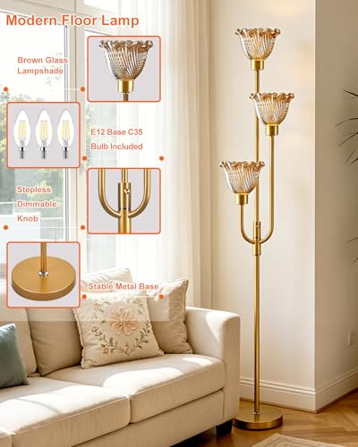 Image of Lightdot 3-Lights Glass Floor Lamp 66IN Modern Gold Dimmable Floor Lamps with 3000K Warm White Bulbs for Wedding Party Tall Standing Lamp with Amber Glass Shade for Living Room /Bedroom /Home Decor