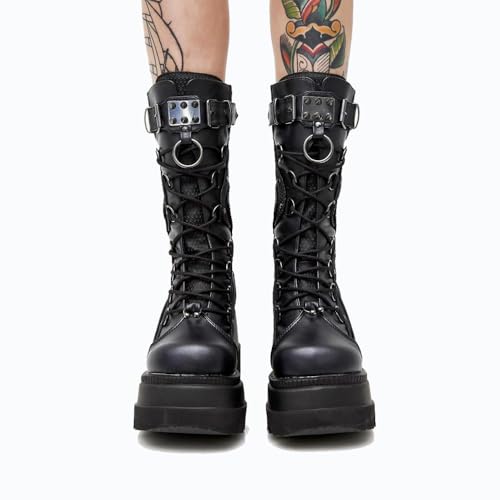 Women's Goth Punk Platform Boots Chunky Heel Work Combat Boots Fashion Lace-Up Round Toe Mid Calf Motorcycle Boot2