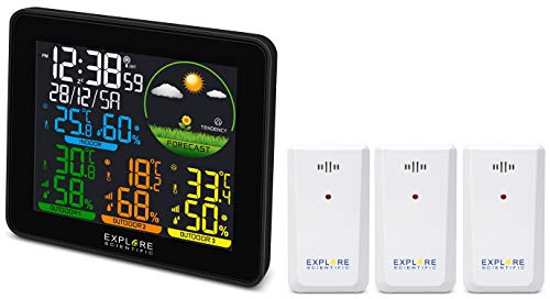 Explore Scientific WSH4005C Stazione Meteo Radio-Controllata, Barometro con Previsioni del Tempo , temperatura/umidità int/ext, 3 Sensore inclusi , memorizza storico dati, nero