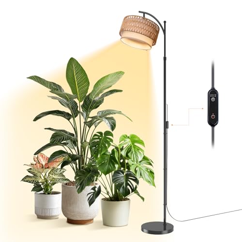 Bstrip 65-72.8 Inches Adjustable Grow Light for Indoor Plants Boho Rattan & Fabric Shade Standing Grow Lamp 25W 3000K Full Spectrum LED Plant Light with Auto On/Off Timer