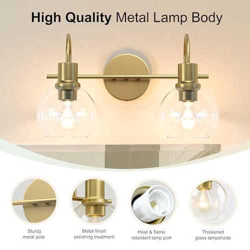 Image of 2-Light Bathroom Vanity Light, Modern Brushed Gold Wall Sconce with Clear Glass Shades, Bathroom Lighting Fixtures,Mirror Lighting for Bedroom, Hallway, Living Room