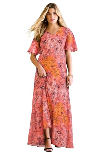 Roaman's Women's Plus Size Hand Crinkled Flutter-Sleeve Maxi Dress -