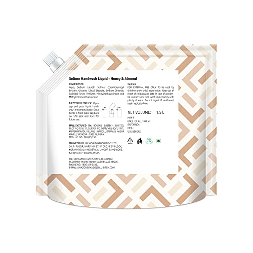 Amazon Brand - Solimo Liquid Handwash, Refill Pouch | Honey & Almond | 3 Litre | 1500 ml x 2 | Fights Germs | Ph-Balanced Formula | No Added Triclosan & Parabens
